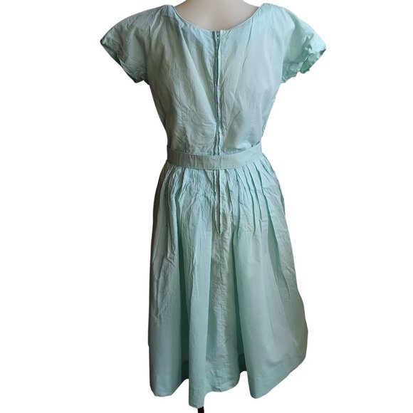 sz 8 Vintage 1950's Dress Mint Green Embroidered Nelly Don Belt Linen Distress - Picture 3 of 14